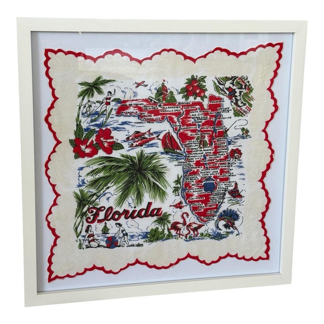Vintage Coastal Florida Handkerchief White Framed Wall Textile Art For Sale