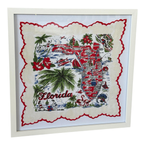 Vintage Coastal Florida Handkerchief White Framed Wall Textile Art