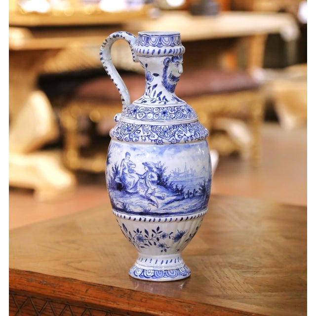 French 19th Century French Blue and White Faience Ewer With Courting Scene For Sale - Image 3 of 11