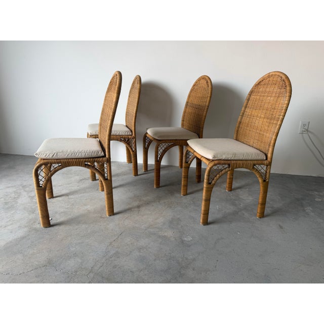 Vintage Coastal Organic Woven Wicker & Metal Frame Dining Chairs – Set of 4 For Sale - Image 4 of 12