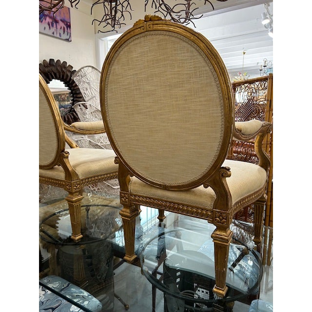 Wood 20th Century Italian Wood Carved Gold Gilt Oval Armchairs, a Pair For Sale - Image 7 of 12