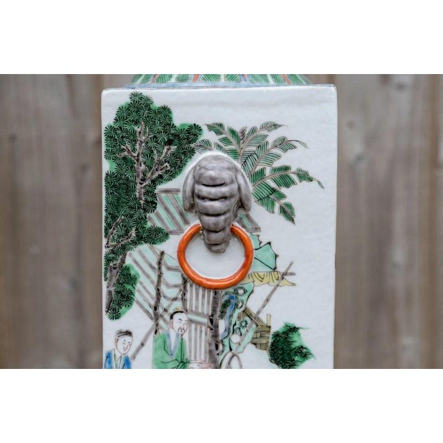 Antique Chinese Famille Verte Wucai Square Cong-Form Porcelain Vase For Sale - Image 9 of 18