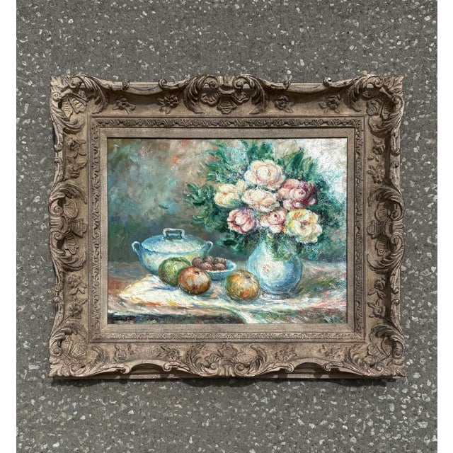 This expressive still life painting offers a lively, textured take on classic domestic motifs—featuring a bouquet of pink...