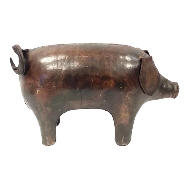 Vintage Brown Leather Pig Abercrombie & Fitch Footstool For Sale