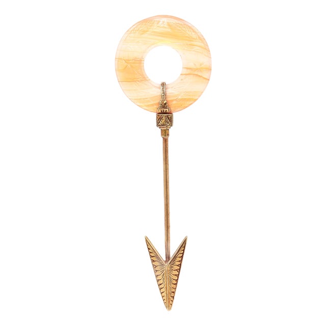 Antique Art Deco 14k Gold and Carved Agate Jabot Pin For Sale