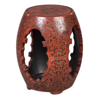 Vintage Chinese Carved and Etched Wooden Drum Table or Stool For Sale