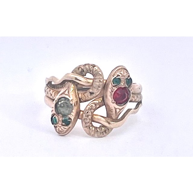 Boho Chic Antique Victorian 14k Yellow Gold Double Snake Ring With Gemstones, Size 6.5 For Sale - Image 3 of 14