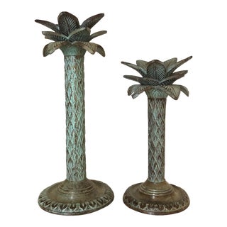 Palm Tree Candlestick Pair- Palm Beach Hollywood Regency Style - Solid Bronze For Sale