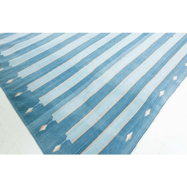 Textile Doris Leslie Blau Vintage Indian Dhurrie Striped Blue Rug For Sale - Image 7 of 8