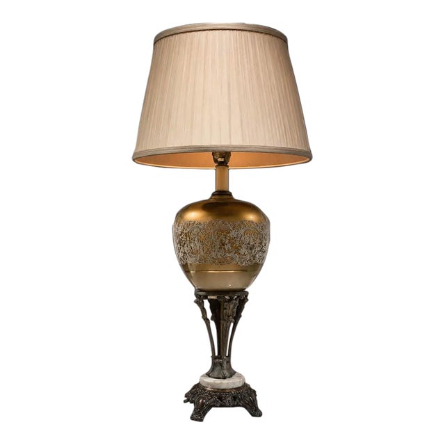 Ornate Gold Glass Table Lamp With Antique Bronze-Tone Base, 37” For Sale