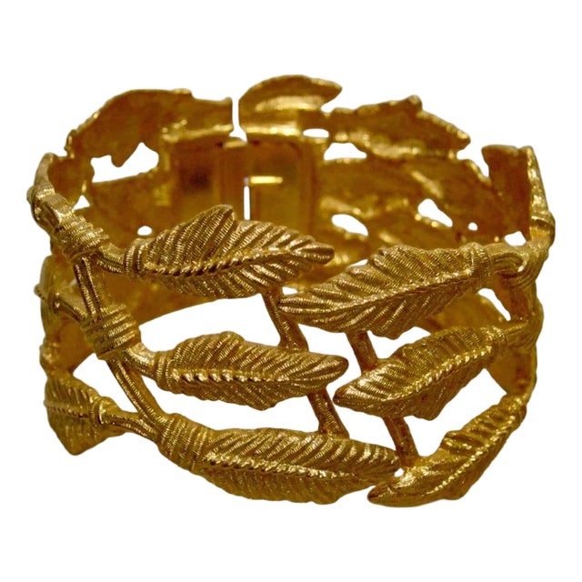 1980s Leaf Motif Gold Plated Clamper Bracelet For Sale