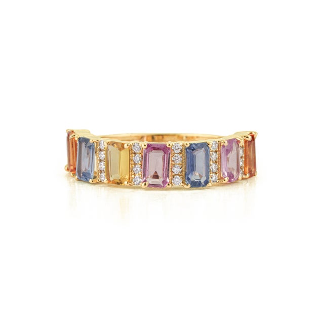 2.03 Carat Rainbow Sapphire & Diamond 14k Gold Band Ring Size 9 For Sale - Image 4 of 15