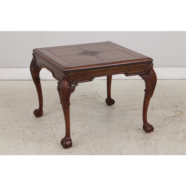 1990s Pair Chippendale Tooled Leather Mahogany Lamp Tables For Sale - Image 5 of 14