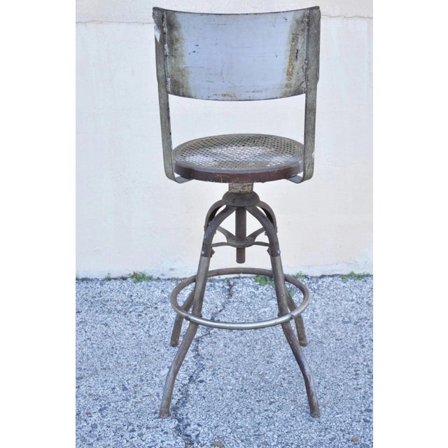 Antique American Industrial Metal Drafting Work Stool With Oak and Cane Seat For Sale - Image 9 of 10