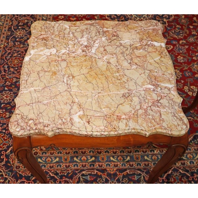 Pair of Vintage Marble Top Walnut Louis XV French Style End Tables For Sale - Image 14 of 15