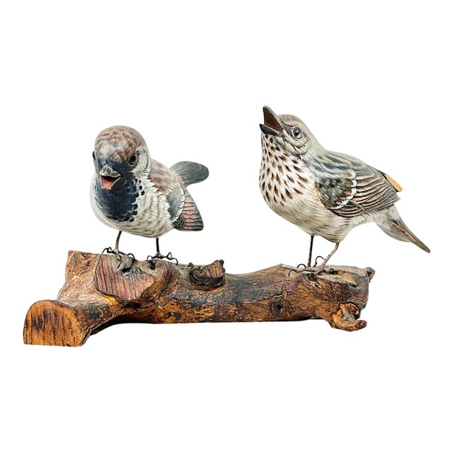 Vintage Hand-Carved & Painted Wooden House Sparrow Bird Sculpture on Driftwood Base For Sale