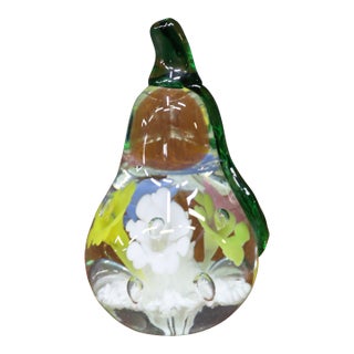 Murano Style Art Glass Pear Paperweight With Lampworked Flowers For Sale