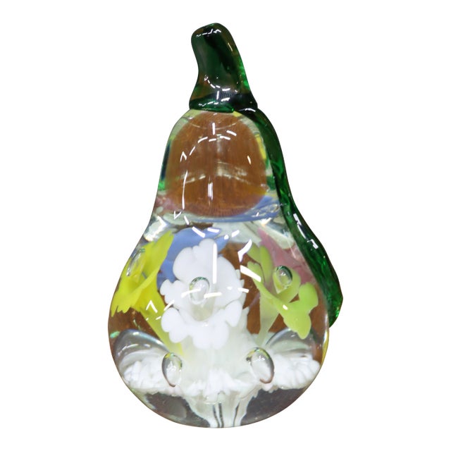 Murano Style Art Glass Pear Paperweight With Lampworked Flowers For Sale