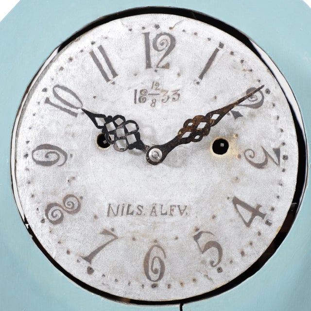 Antique Swedish Mora clock in blue with hand painted details. Working Longcase clock mechanism of pendulum and 2 weights...