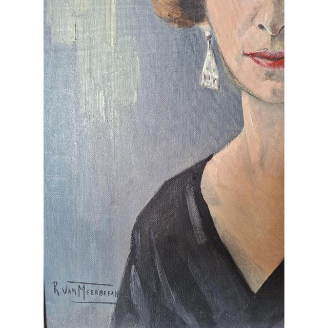 Textile R. Van Meerbeeck, Portrait of a Woman, 1961, Oil on Canvas For Sale - Image 7 of 9