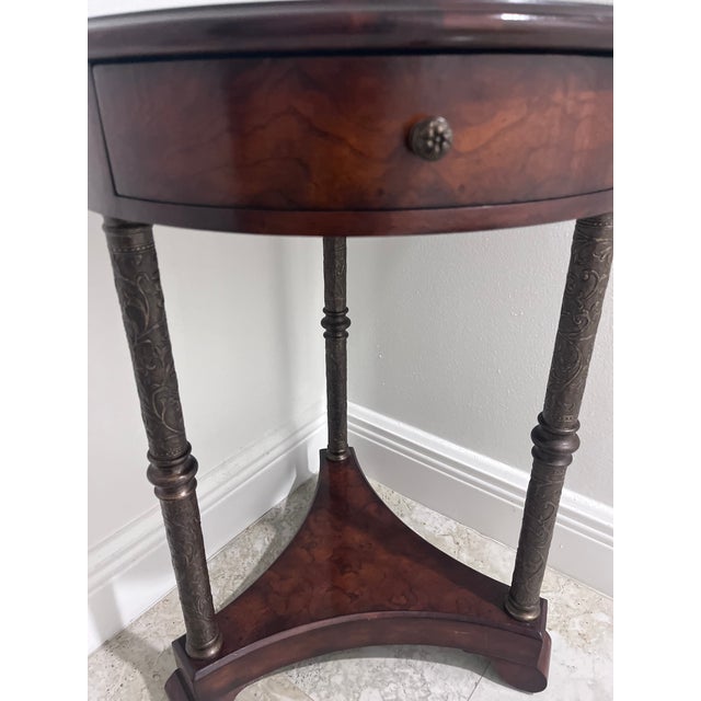 Theodore Alexander Burl Wood Accent / Martini Table With Drawer & Engraved Metal Supports For Sale - Image 9 of 10