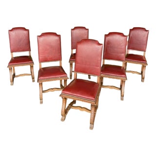 Spanish Revival Leather Dining Chairs - 6 For Sale
