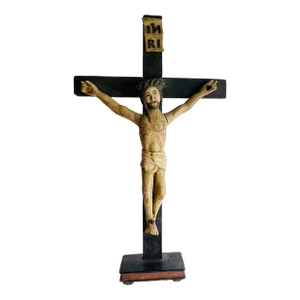 19 Th C Folk Art Crucifix Hand Carved Religious Crucifix