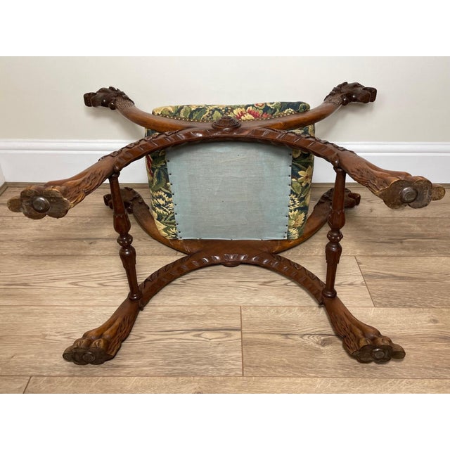 Rare French Victorian Walnut X-Frame Window Seat Stool With Hand-Carved Hunting Dog Finials, Jacobean Revival, Late 19th Century For Sale - Image 13 of 14