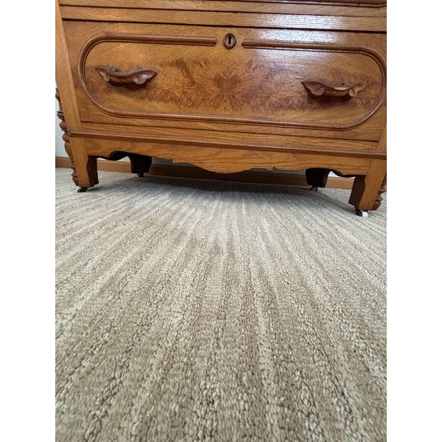 Wood 19th-Century American Victorian Burl Walnut & Tiger Oak Marble Top Chest of Drawers For Sale - Image 7 of 10