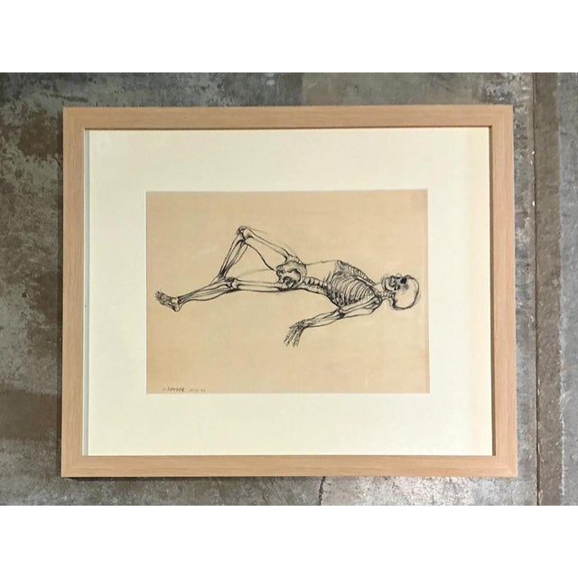 Cream Vintage Framed Reclining Skeleton Study on Paper For Sale - Image 8 of 12
