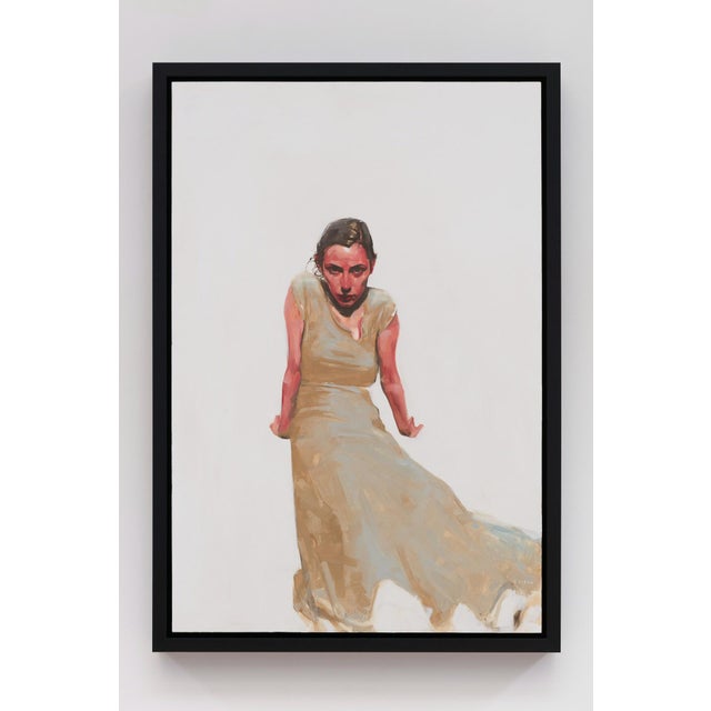 In "Watcher," a figure in a flowing beige dress captures attention with an intense gaze, creating an atmosphere of...