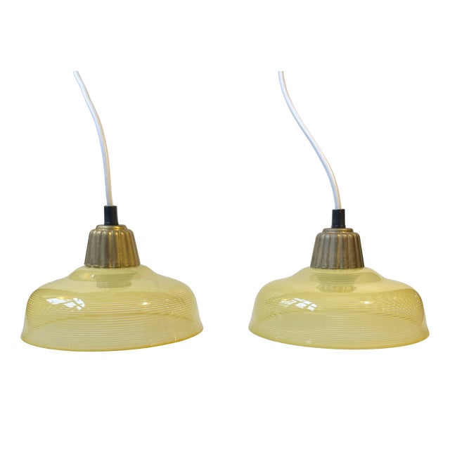 Vintage Art Deco Brass and Striped Yellow Glass Pendant Lamps from Lyfa, 1940s, Set of 2 For Sale