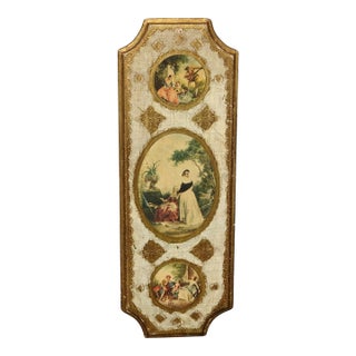 Vintage Italian Gold Gilt Tole Hand Painted Plaque Wall Picture For Sale