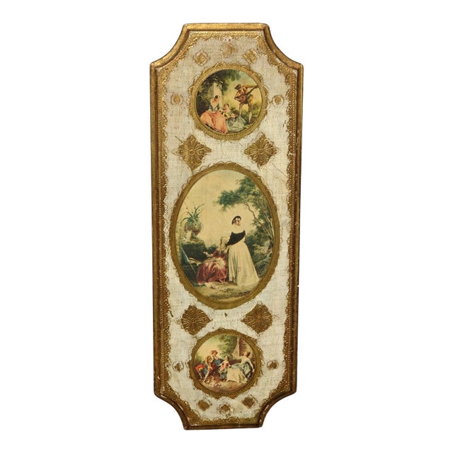 Vintage Italian Gold Gilt Tole Hand Painted Plaque Wall Picture For Sale