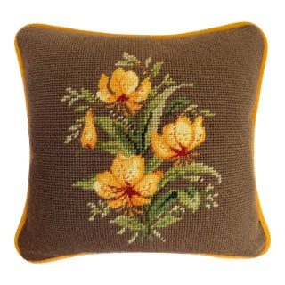 Vintage Hand-Stitched Floral Needlepoint Pillow With Golden Velvet Back For Sale