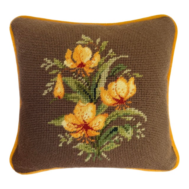 Vintage Hand-Stitched Floral Needlepoint Pillow With Golden Velvet Back For Sale