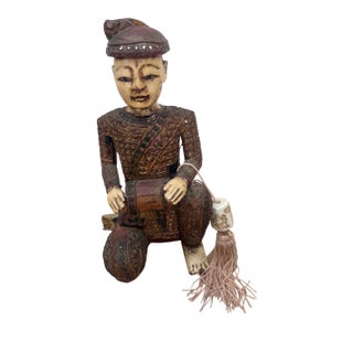 Mid 20th Century Hand-Carved Chinese Wooden Figural Sculpture of Seated Musician With Drum For Sale