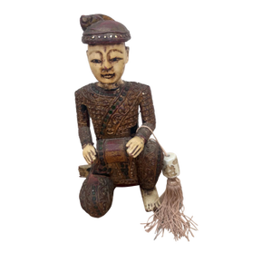 Mid 20th Century Hand-Carved Chinese Wooden Figural Sculpture of Seated Musician With Drum