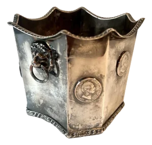 Silver Plate Cache Pot, Planter with Lions Heads and Silver Coins