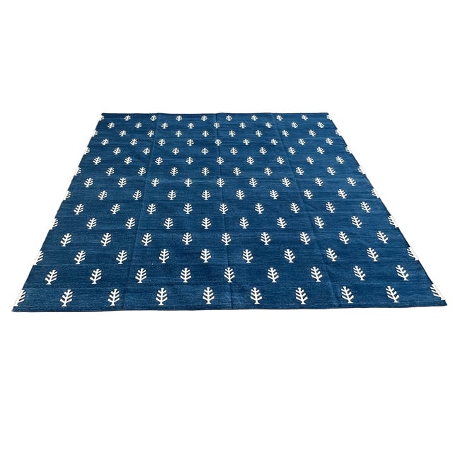Not Yet Made - Made To Order Handmade Cotton Rug Vegetable Dyed Indigo Blue and White Tree Pattern Dhurrie - 10'x14' For Sale - Image 9 of 11
