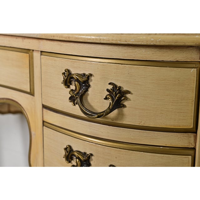 John Widdicomb Style French Provincial Louis XV Cream Lacquered and Gold Gilt Leather Top Ladies Writing Desk and Chair, Circa 1950s For Sale - Image 9 of 15