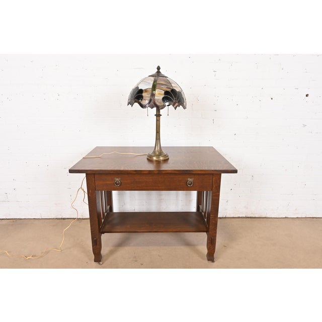 Tiffany Studios Style Arts & Crafts Bronze Table Lamp With Stained Glass Shade, Circa 1930s For Sale - Image 11 of 12