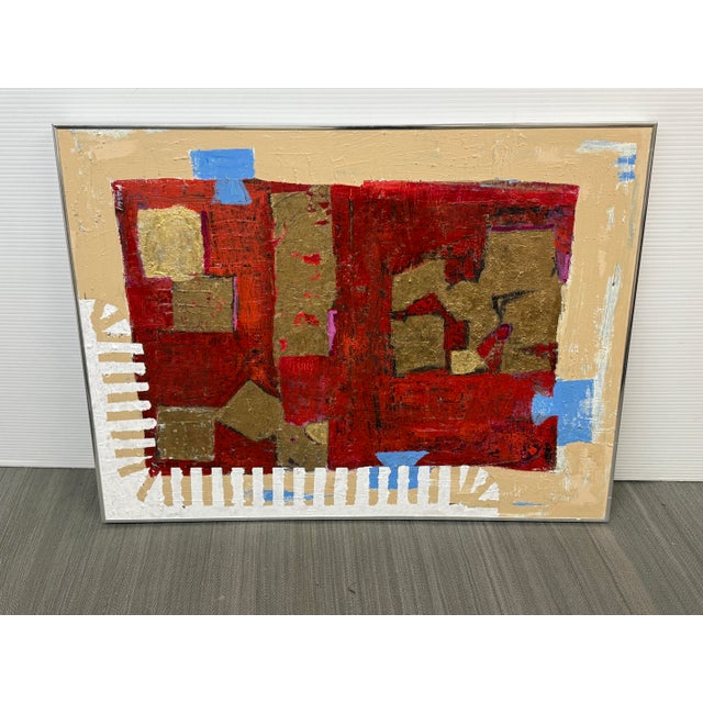 Design Plus Gallery presents a Signed Abstract Artwork of Mixed Textures. The art piece has a rich deep crimson field...