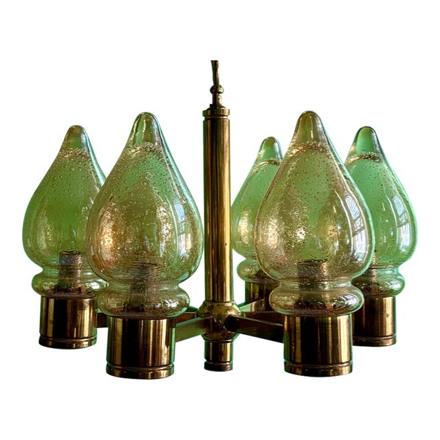 Mid 20th Century Danish Modern Brass and Glass Chandelier For Sale