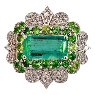 Natural Emerald Tsavorite Diamond Ring 6.75 14k White Gold 9.22 TCW Certified For Sale