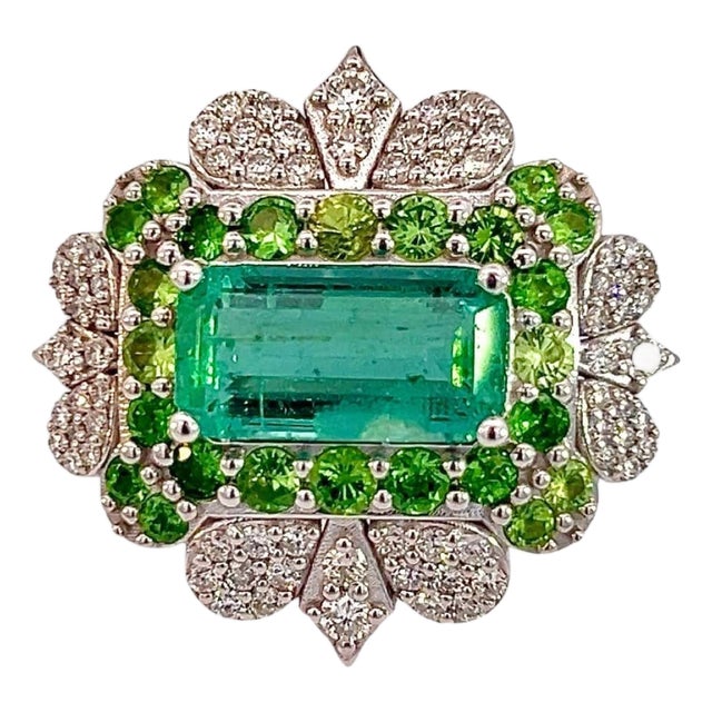 Natural Emerald Tsavorite Diamond Ring 6.75 14k White Gold 9.22 TCW Certified For Sale