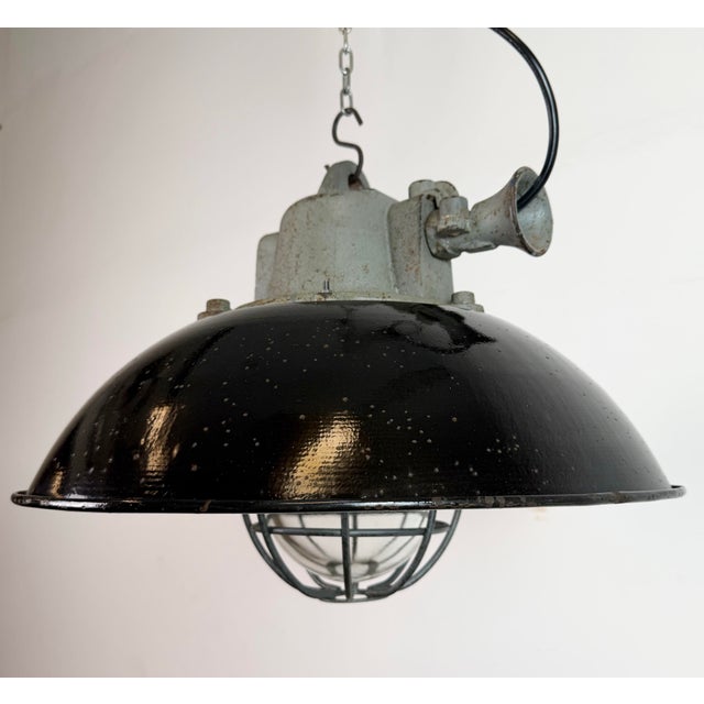 Industrial Black Enamel and Cast Iron Cage Pendant Light from Elektrosvit, 1960s For Sale - Image 6 of 18