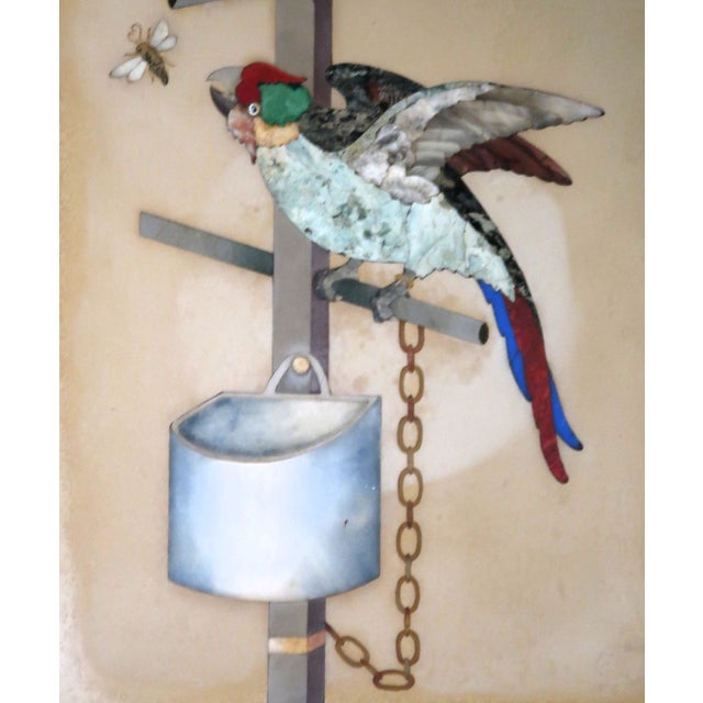 Cream Exceptioal Large Pietra Dura (Pietra Dure) Parrot on a Perch Trying to Catch a Fly - Italian, Vintage or Older. For Sale - Image 8 of 13