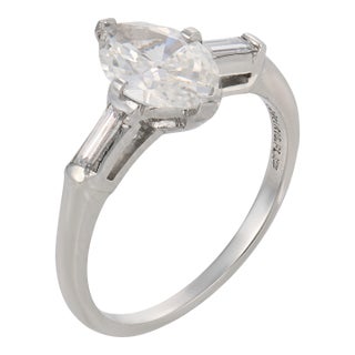 Mid Century Gia 0.88 Marquise Cut Diamond Platinum Engagement Ring, Size 5.5 For Sale
