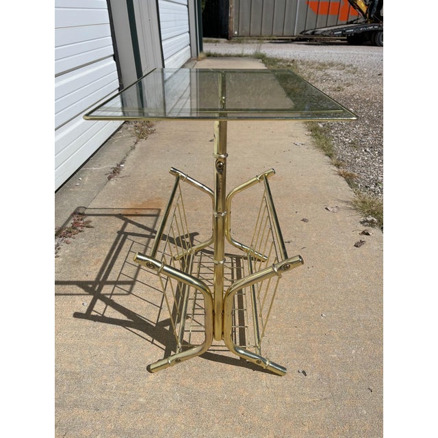 Mid 20th Century Gold Faux Bamboo Side Table Vintage Mid Century Modern Glass Rack For Sale - Image 5 of 10